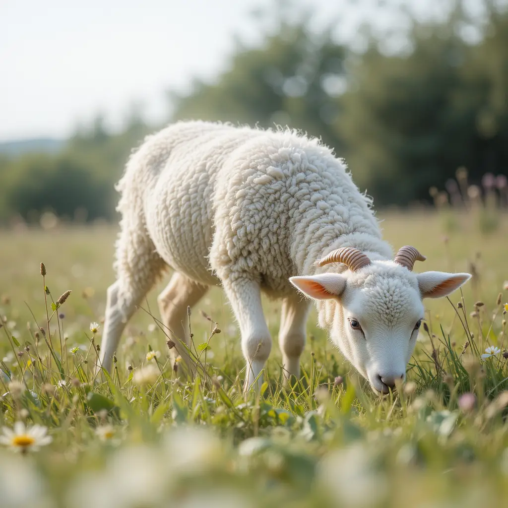 Lamb Grazing Peacefully In A Green Meadow