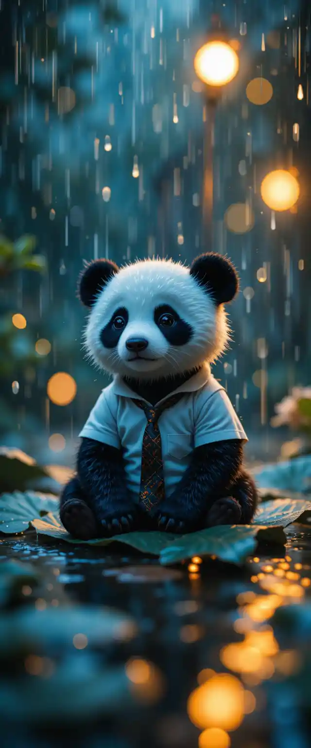 Chibi panda on a wet leaf in the glowing rain