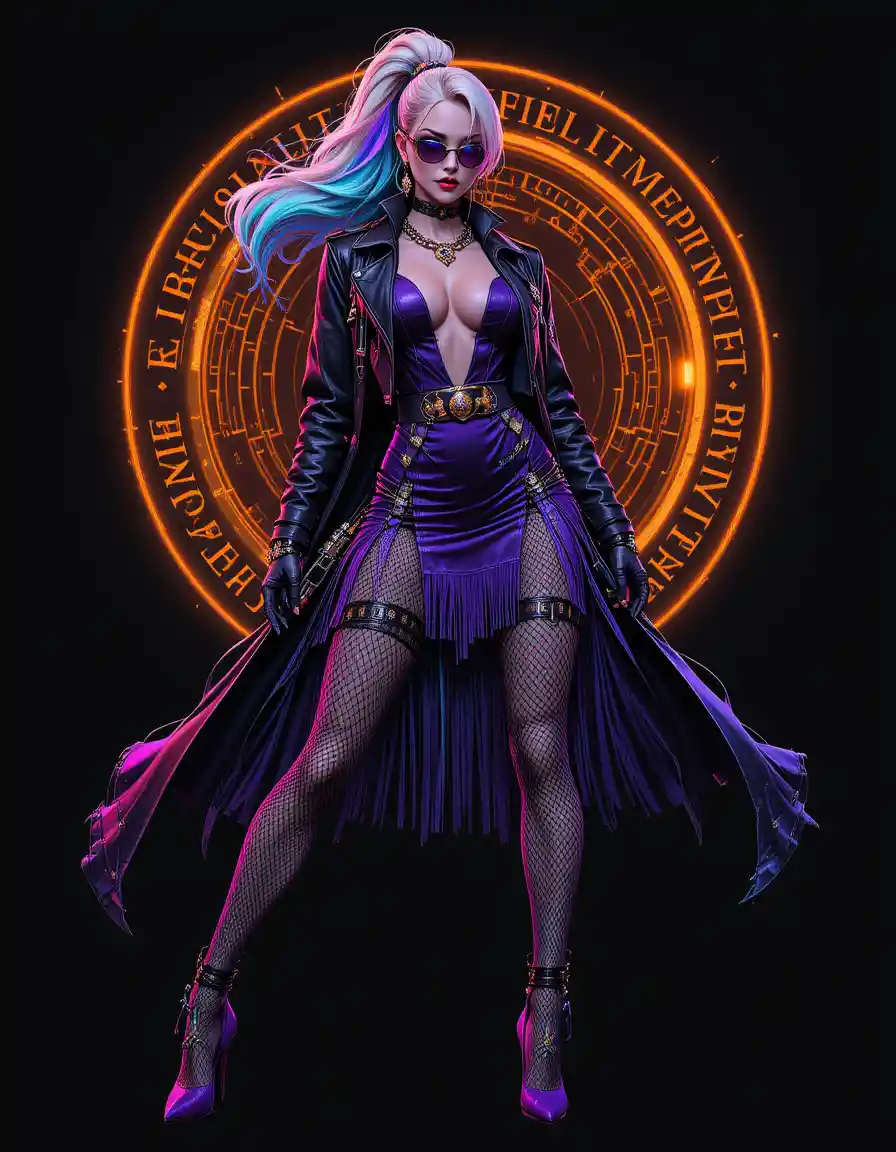 Neon haired woman in futuristic holographic streetwear