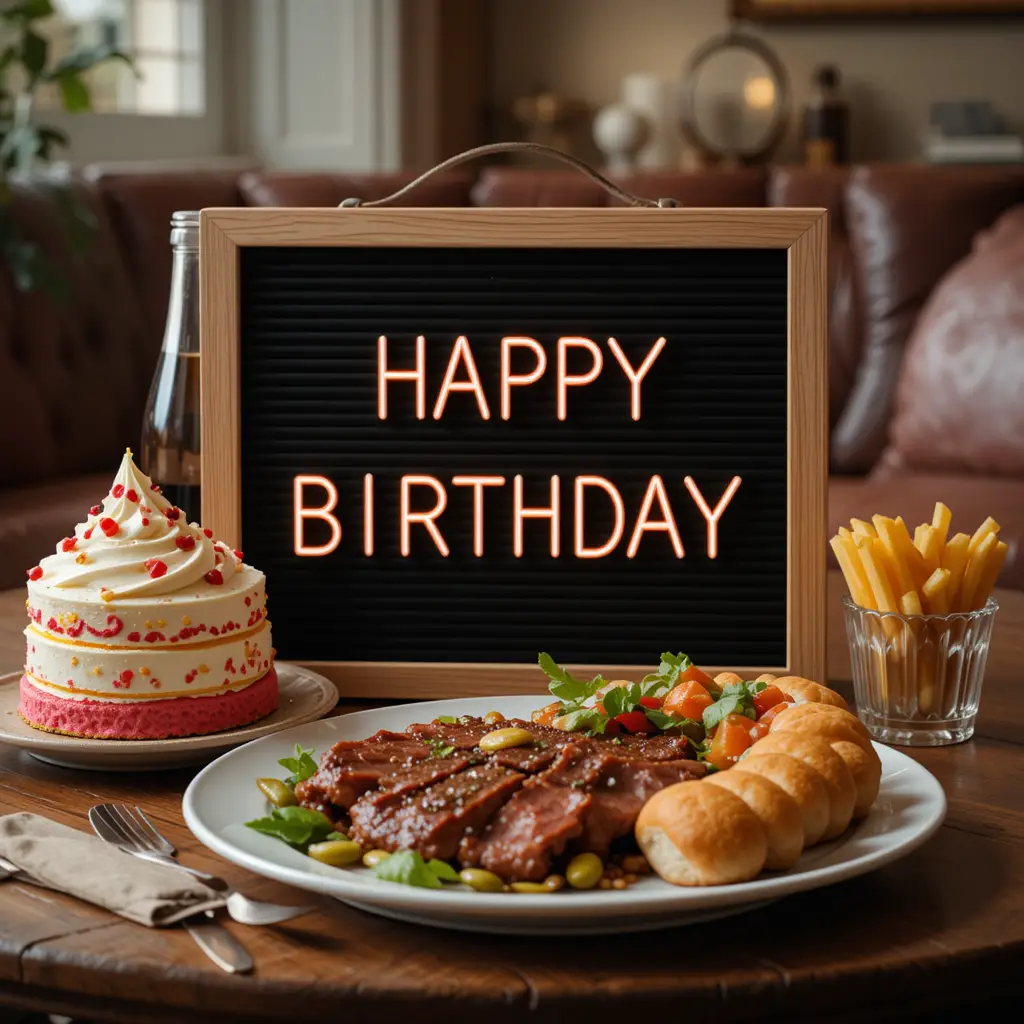 Geburtstags-Tafel mit Botschaft, Kuchen und Party-Snacks