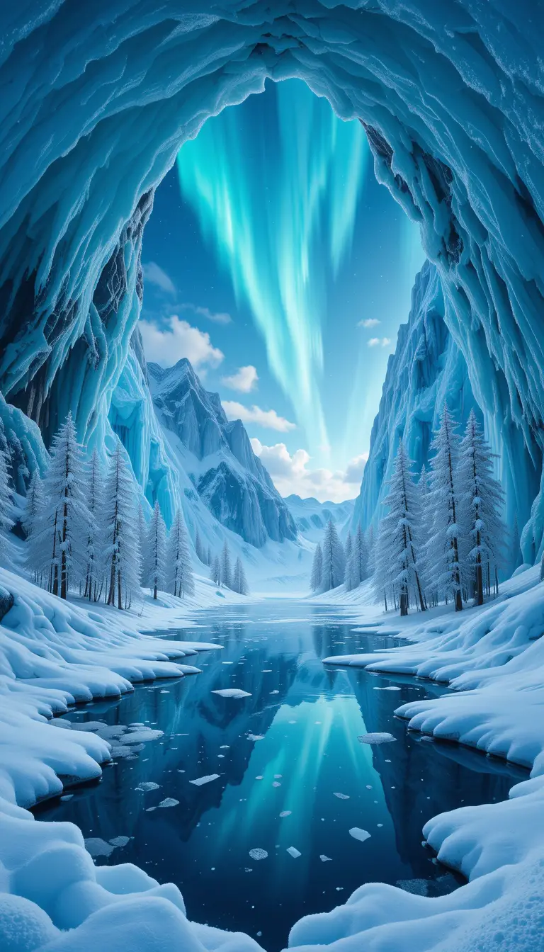 Vast frozen glaciers under shimmering northern lights