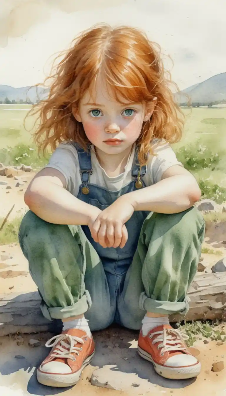 Red haired girl sitting on stone ground outdoors