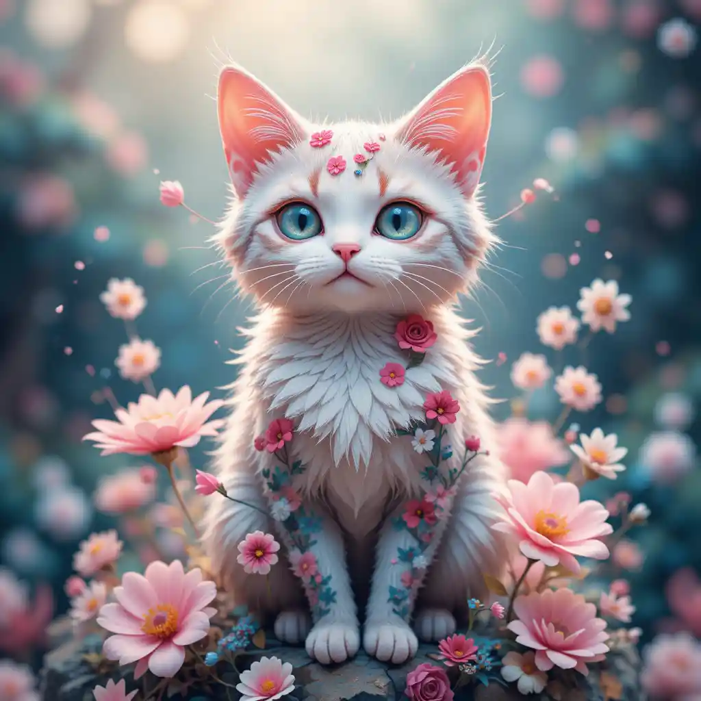 Colorful fantasy cat illustration with whimsical flowers
