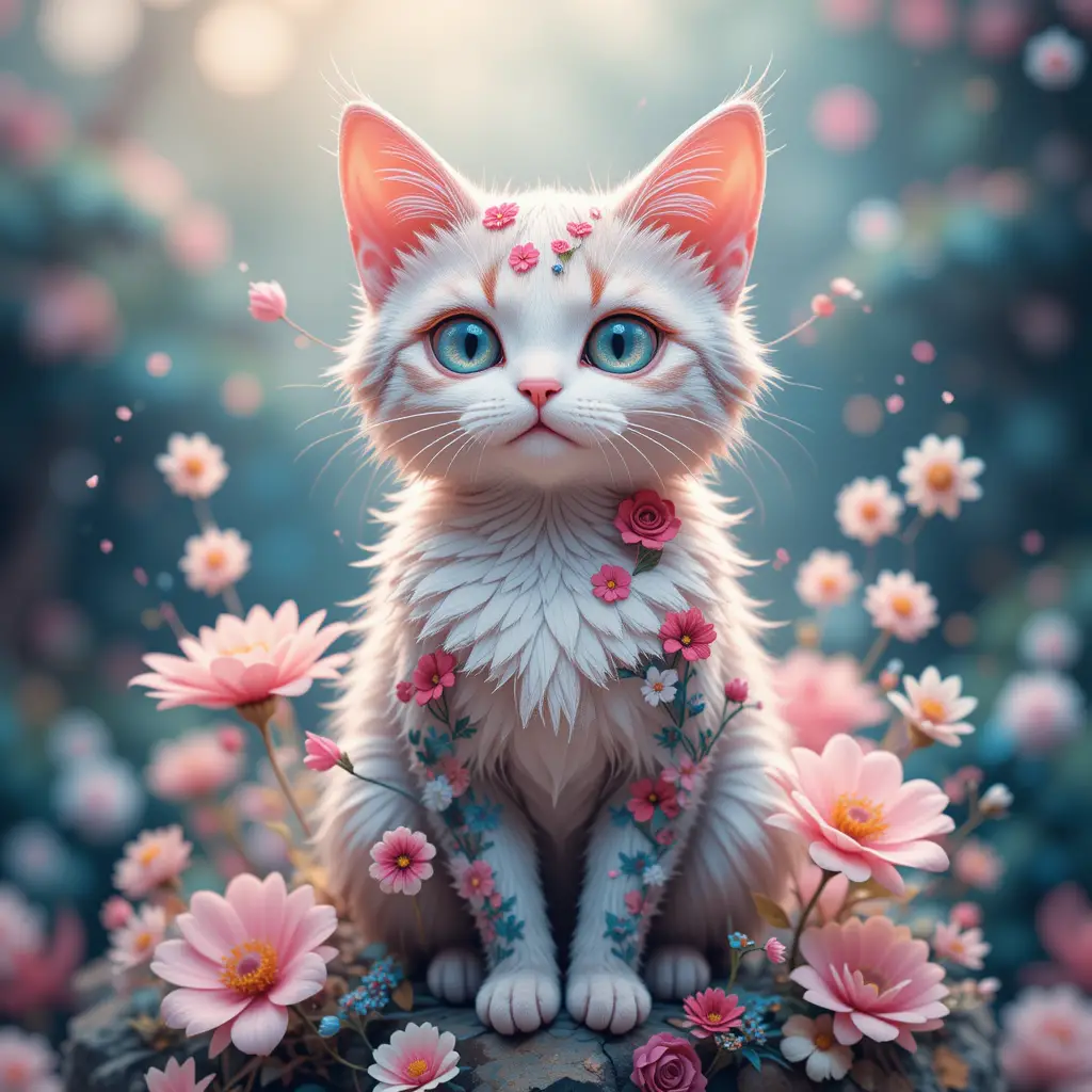Colorful fantasy cat illustration with whimsical flowers