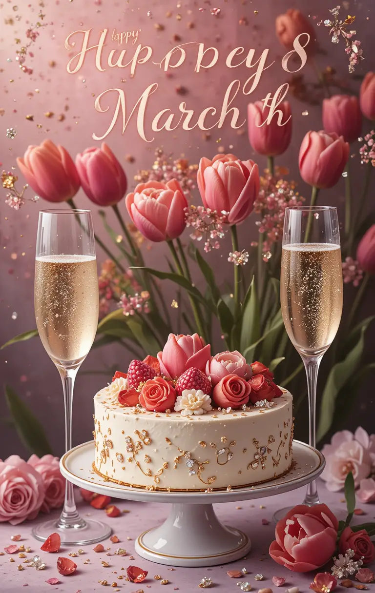 Greeting card for March 8th with tulips champagne and cake