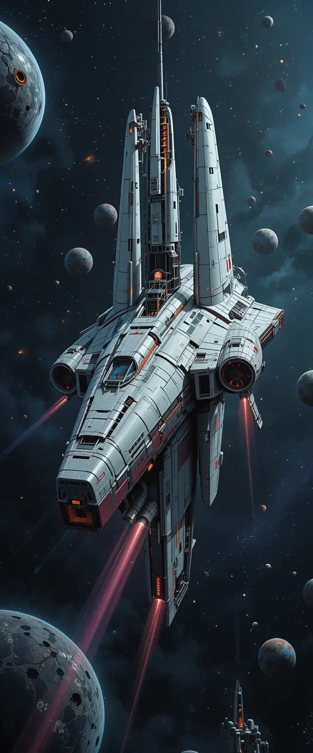 Retro rectangular spaceship flying through deep outer space