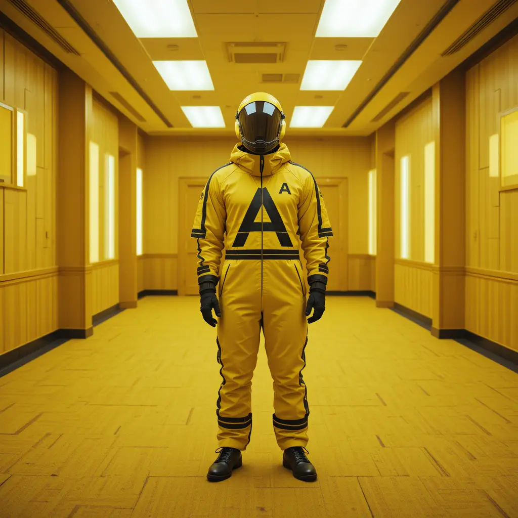Man In Yellow Protective Suit In Matching Yellow Room
