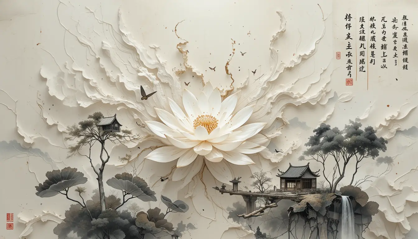Minimal white lotus and butterfly over ink manuscript