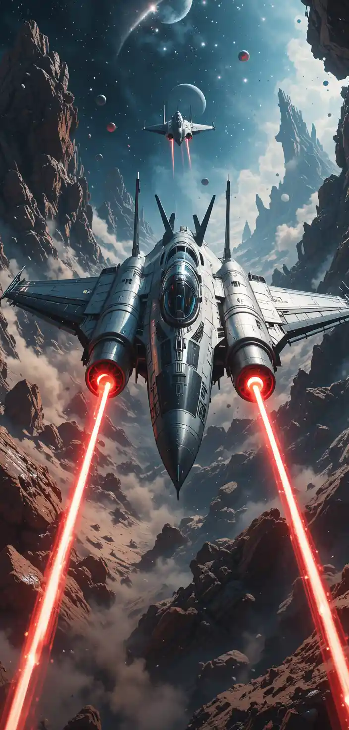 Silver spaceship in a dramatic sci fi space battle