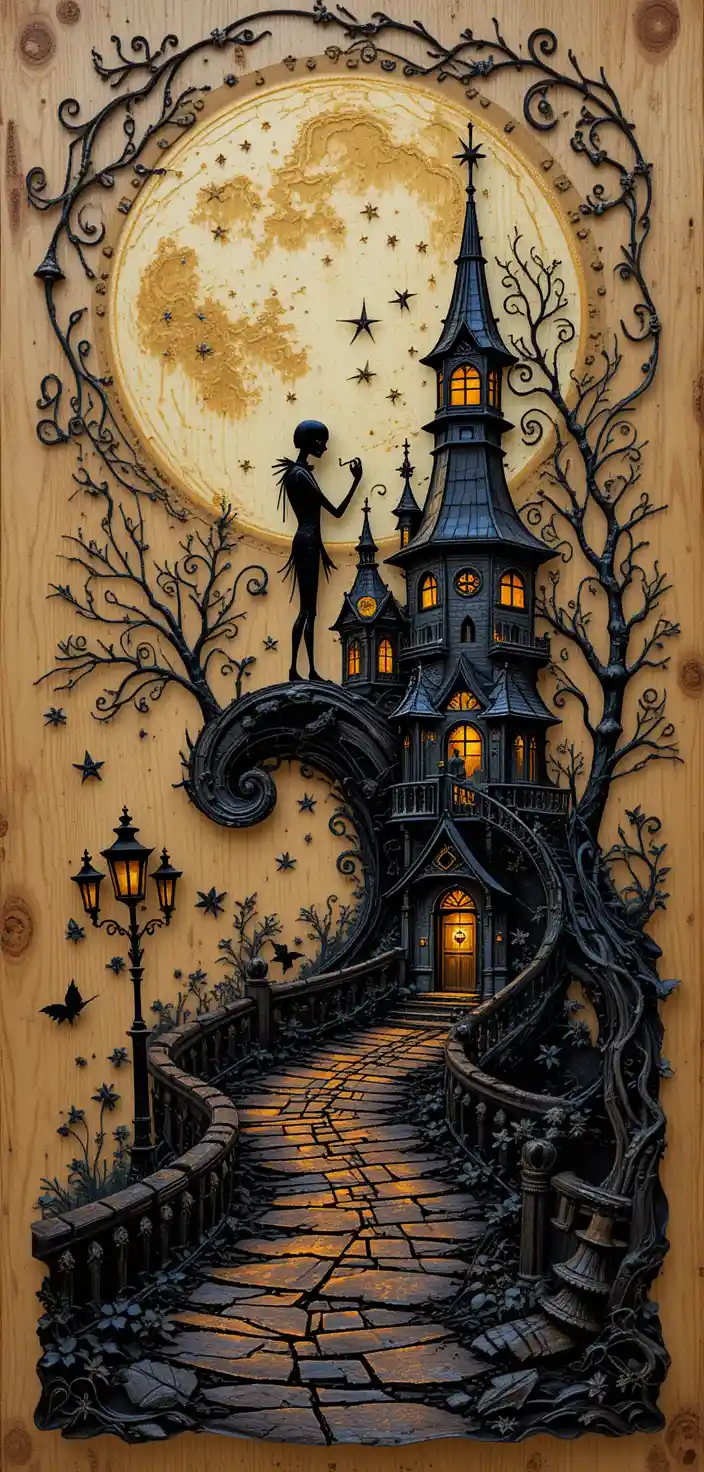 Casa embrujada en doble exposición sobre un camino de fantasía en espiral