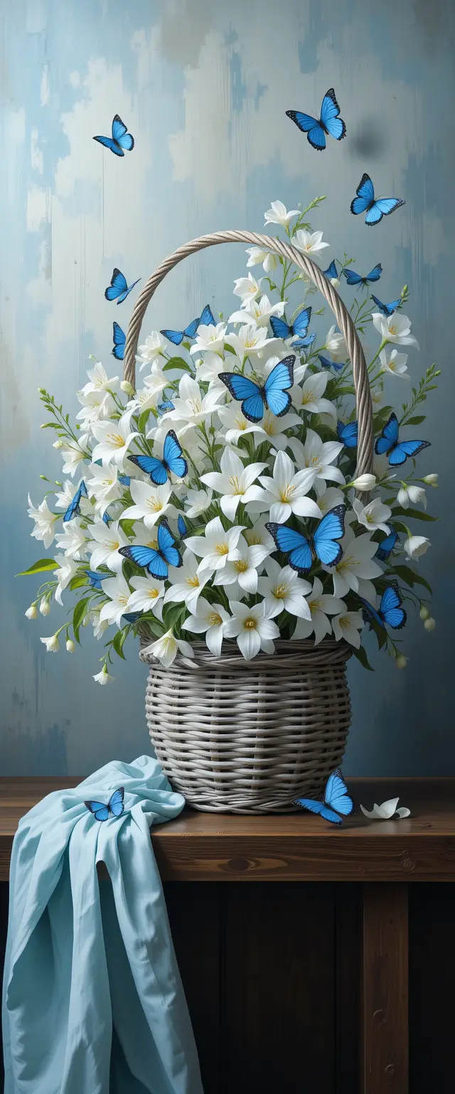 Still life painting of white flowers in woven basket