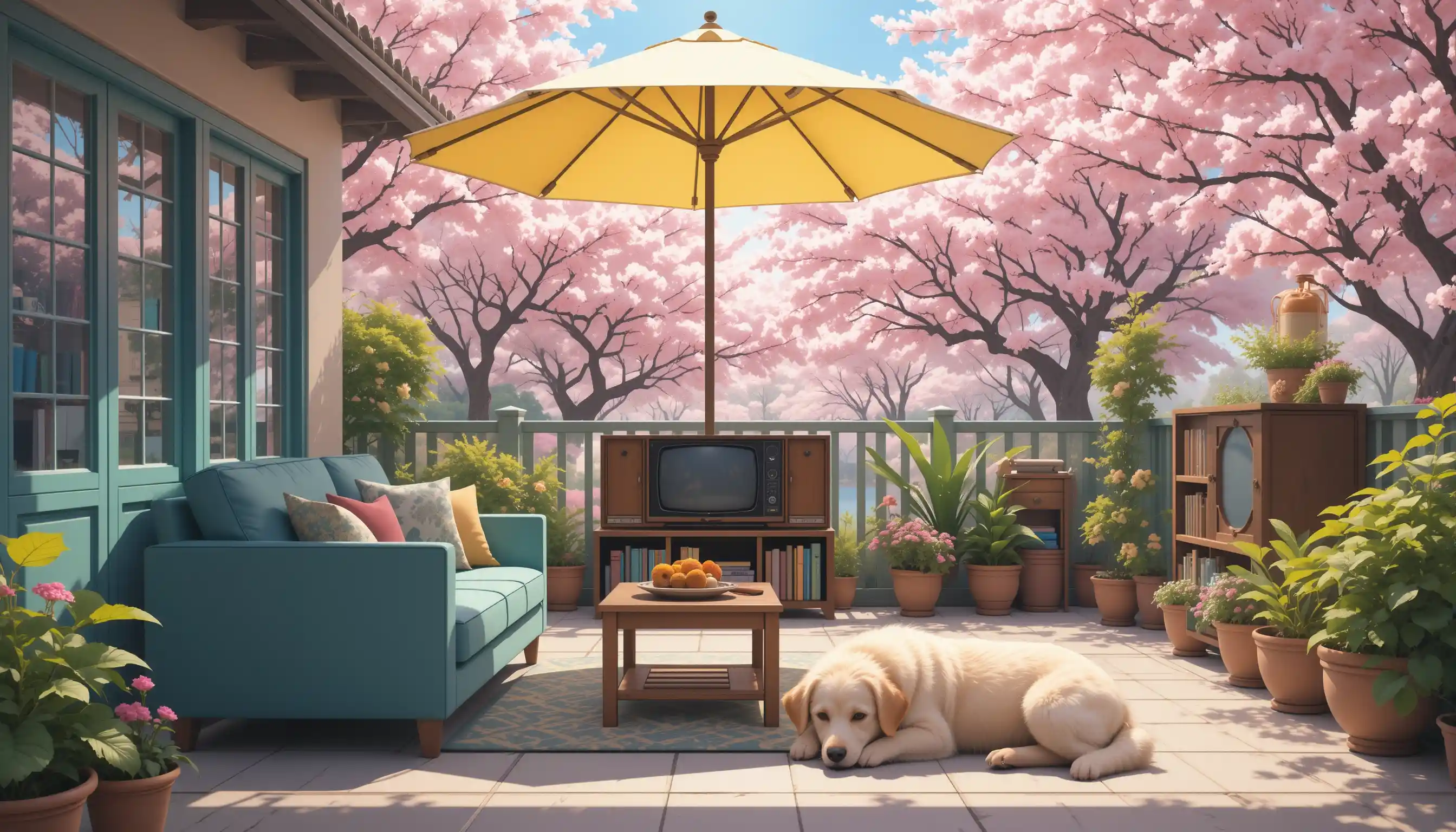 Véranda d’anime avec chien endormi et fleurs de printemps