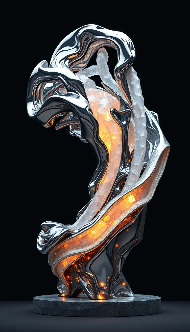 Abstract chrome and crystal sculpture with glowing energy