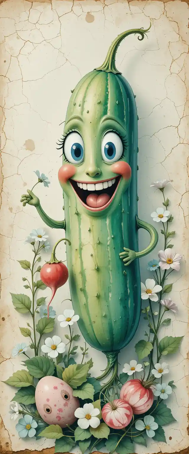 Watercolor cucumber and radish face with joyful expression