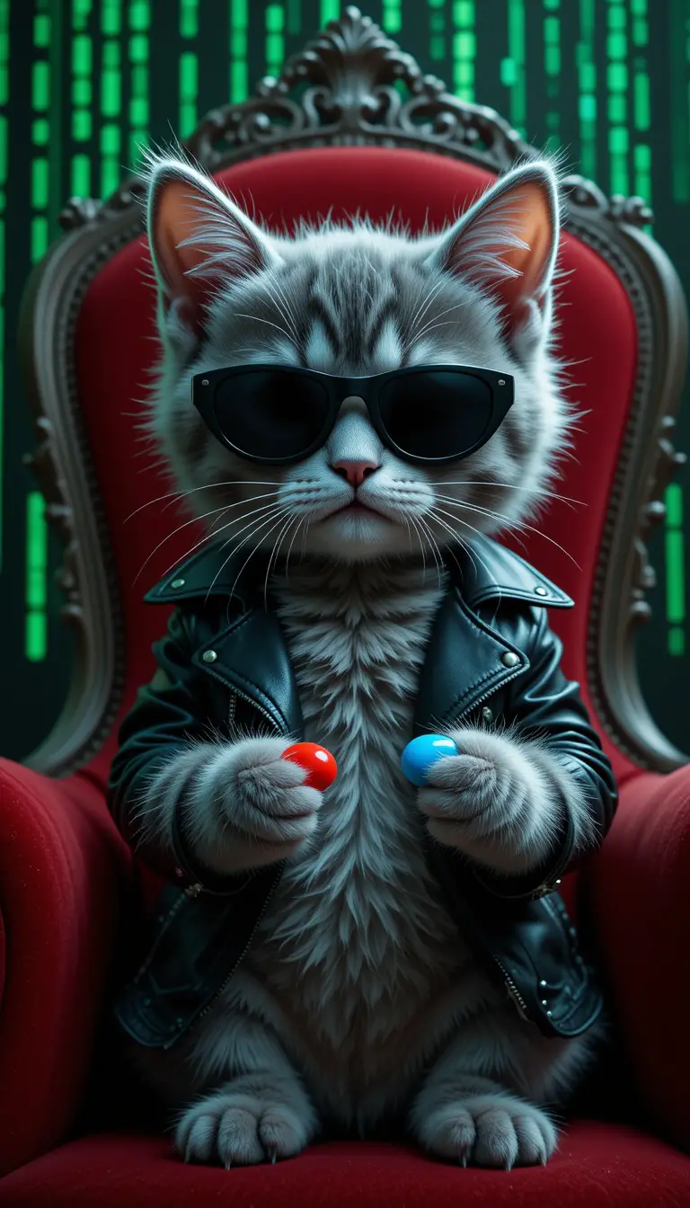 Cool gray kitten on throne with red and blue pills