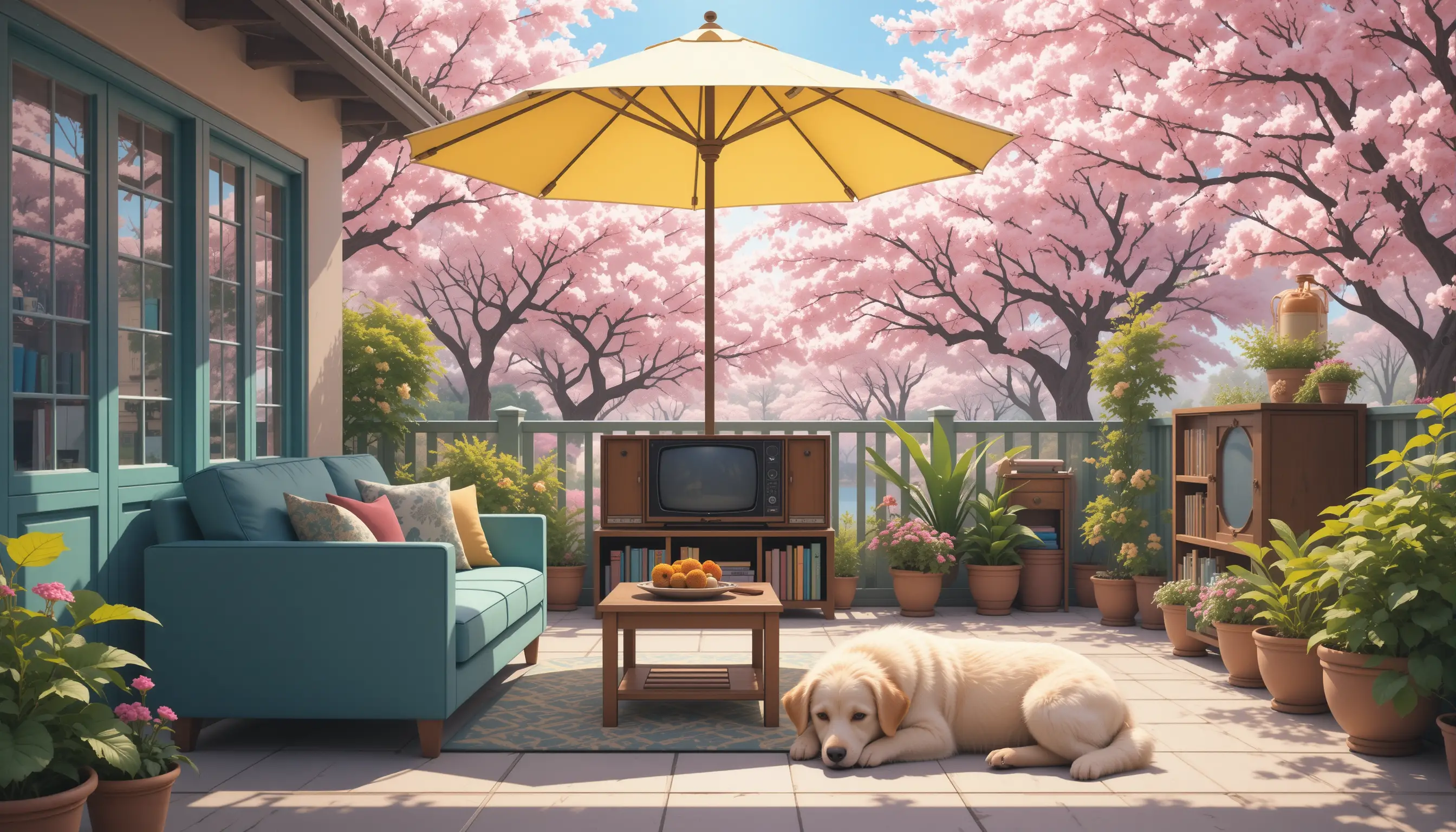 Véranda d’anime avec chien endormi et fleurs de printemps