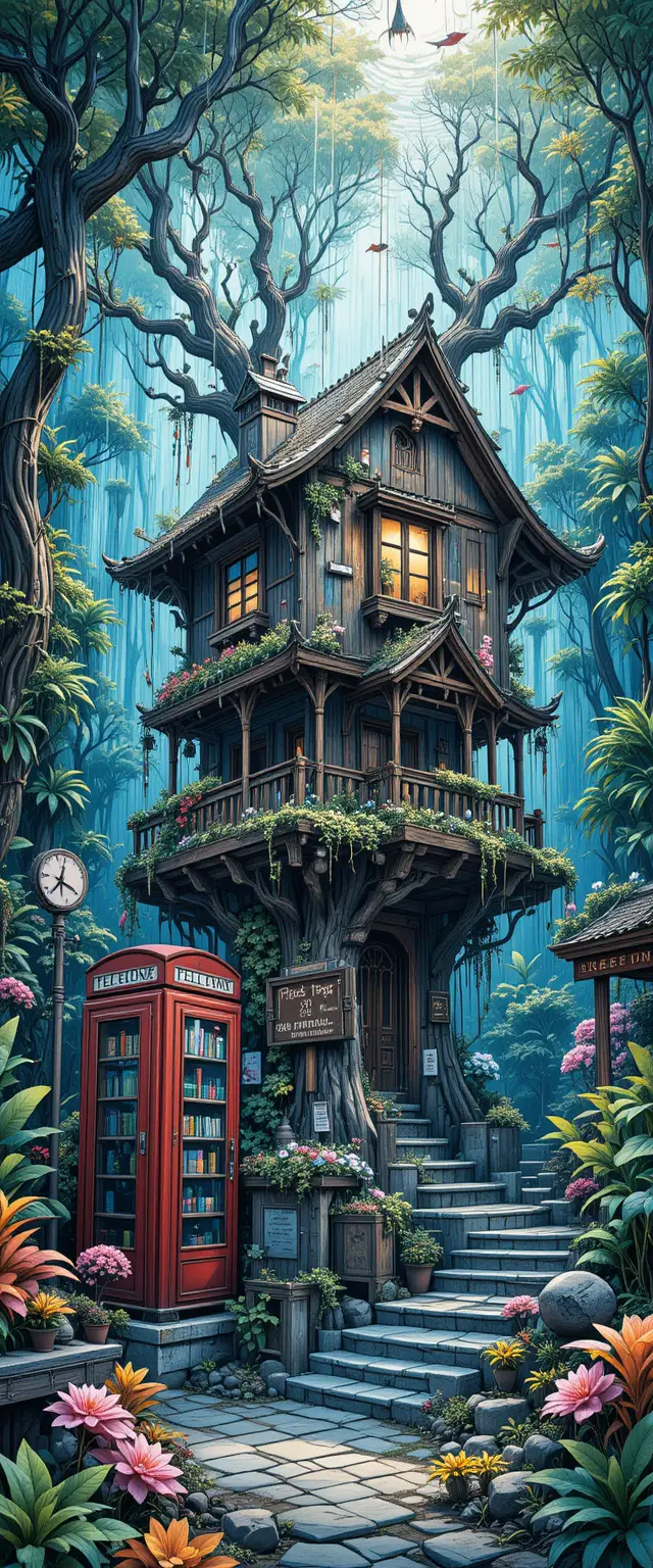 Underwater treehouse in a glowing aquatic forest