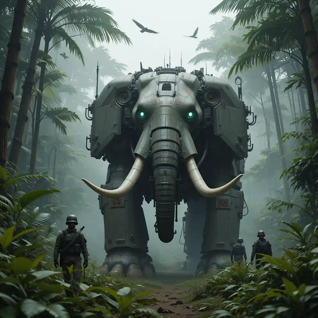 Futuristic elephant robot marching through misty jungle