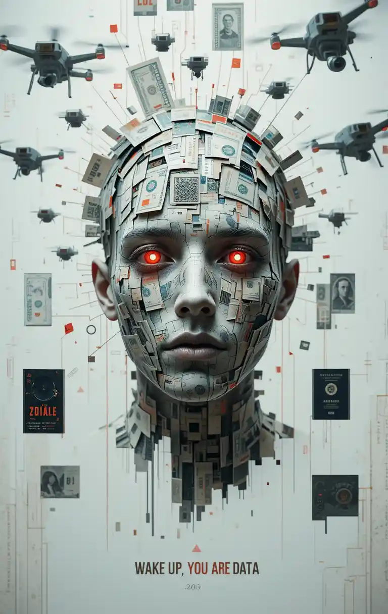 Surreal human face collage made of money and data
