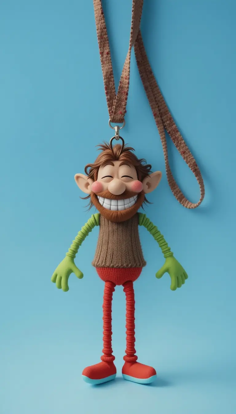 Cartoon lanyard character smiling on blue background