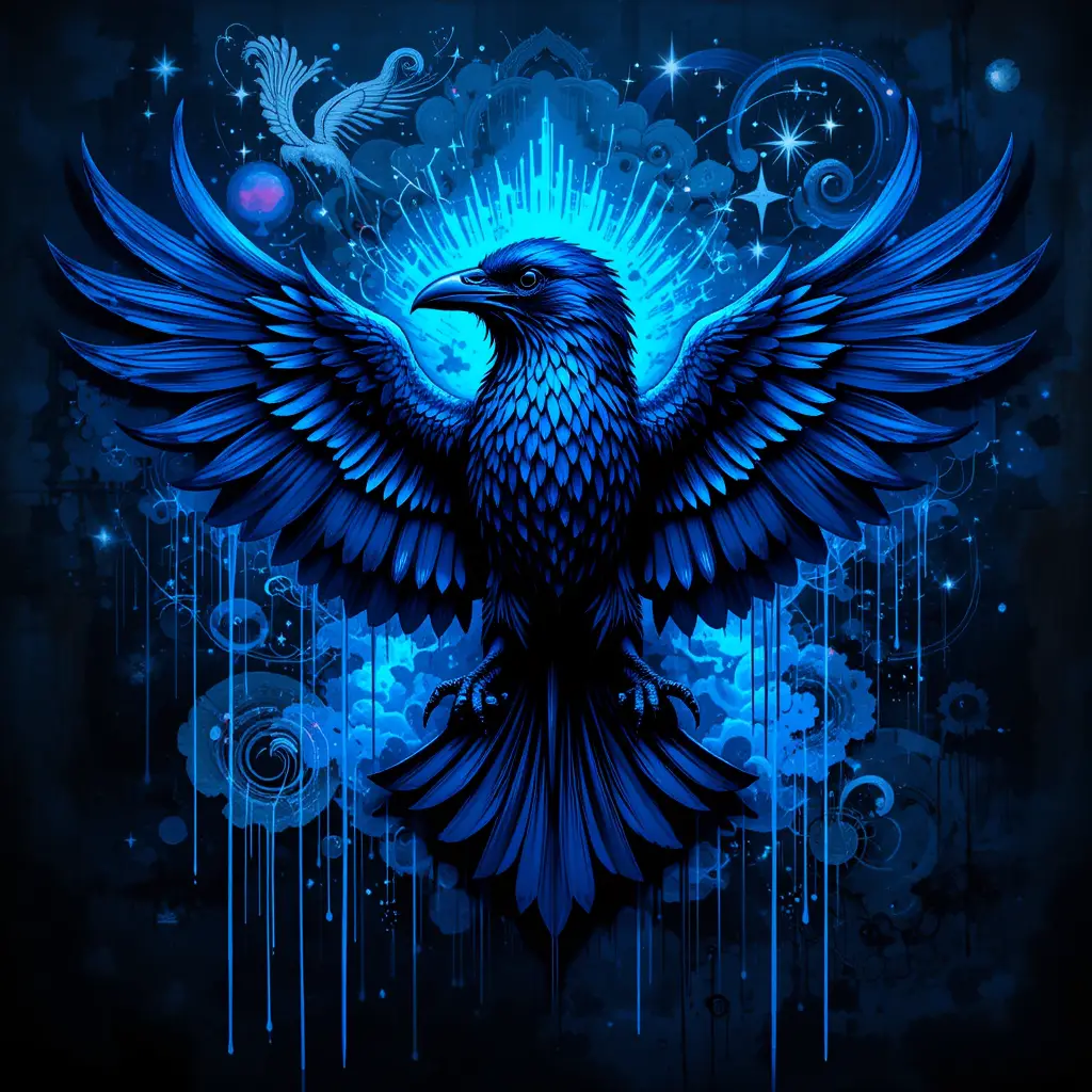 Graffiti raven emblem with celestial urban background