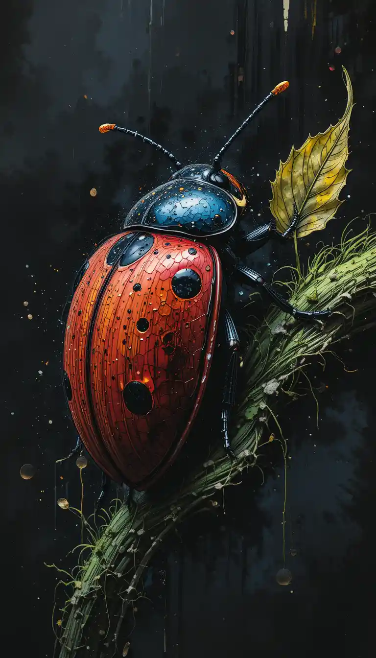 Surreal ladybug with grass body on dark abstract background