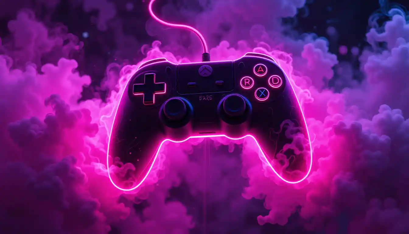 Neon Retro Game Controller Floating In Digital Vapor
