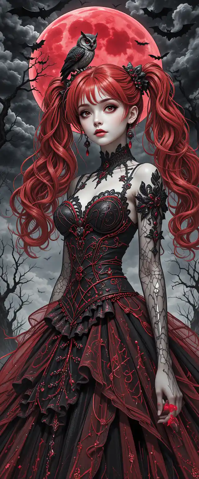 Creepy cute anime girl in gothic fantasy illustration