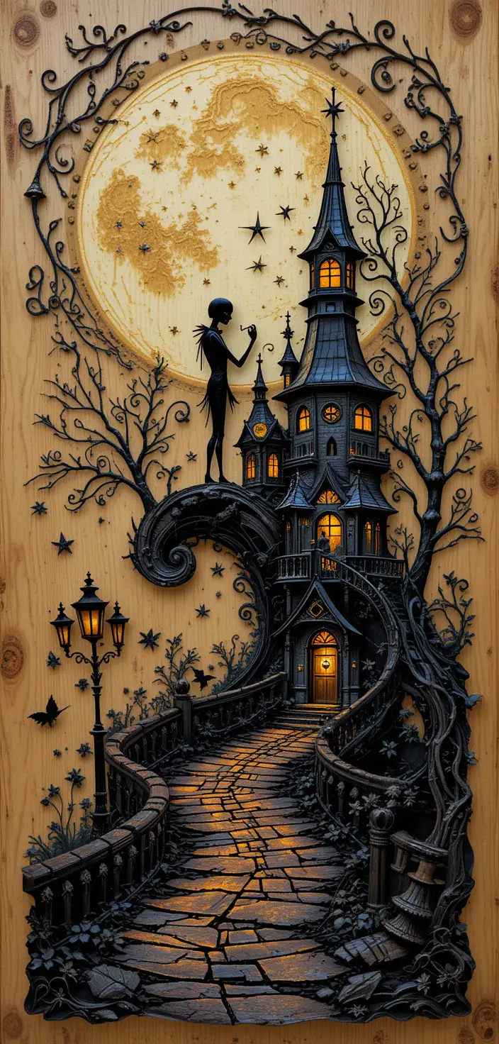 Double exposure haunted house on swirling fantasy road