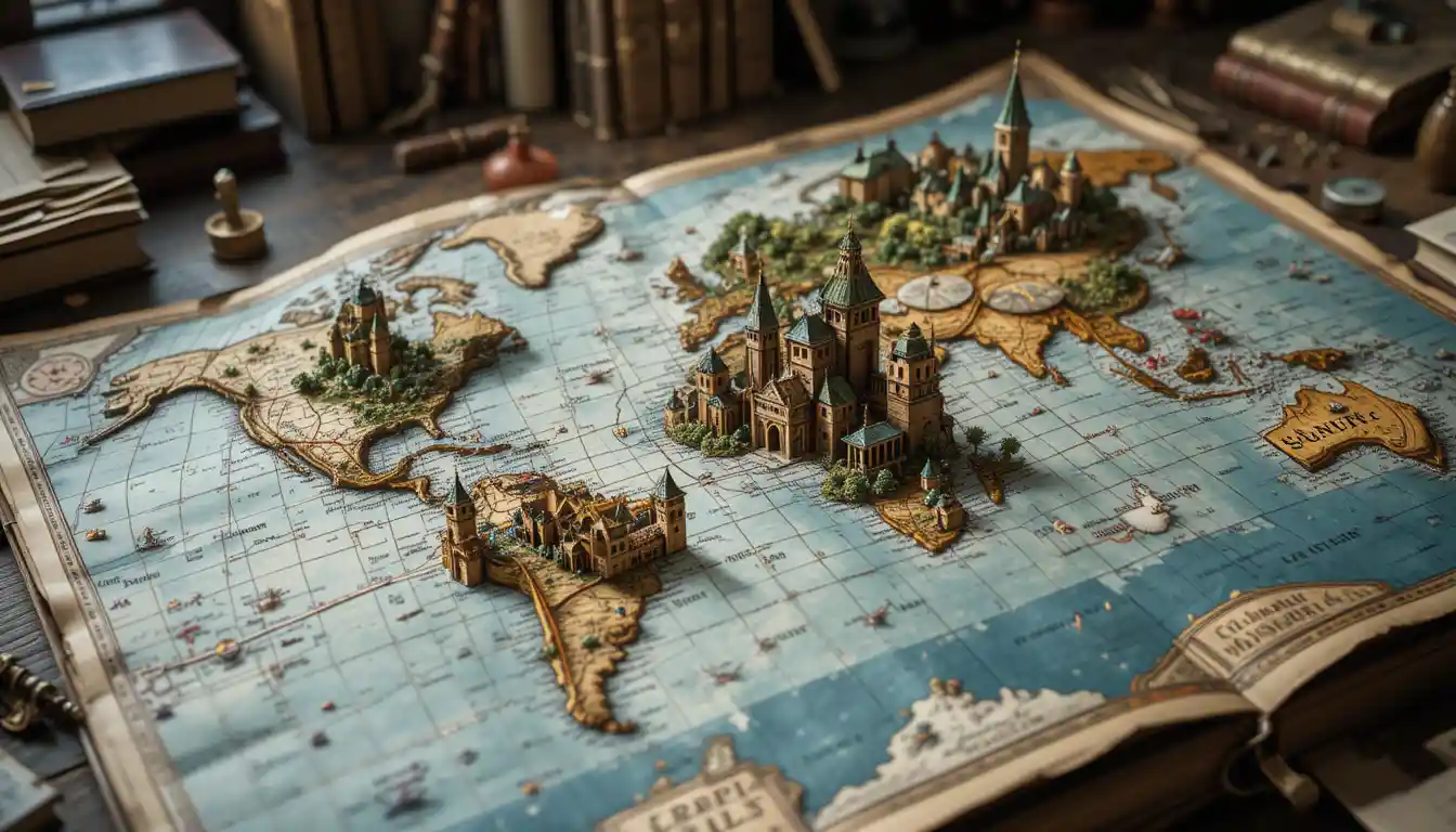 Colorful 3D Medieval Fantasy Map Open On A Desk