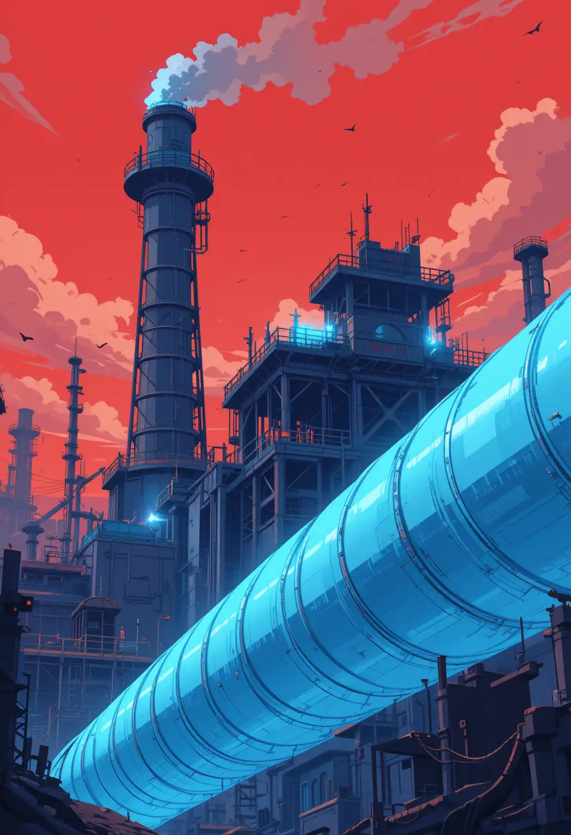 Anime illustration of a city pump house under red sky