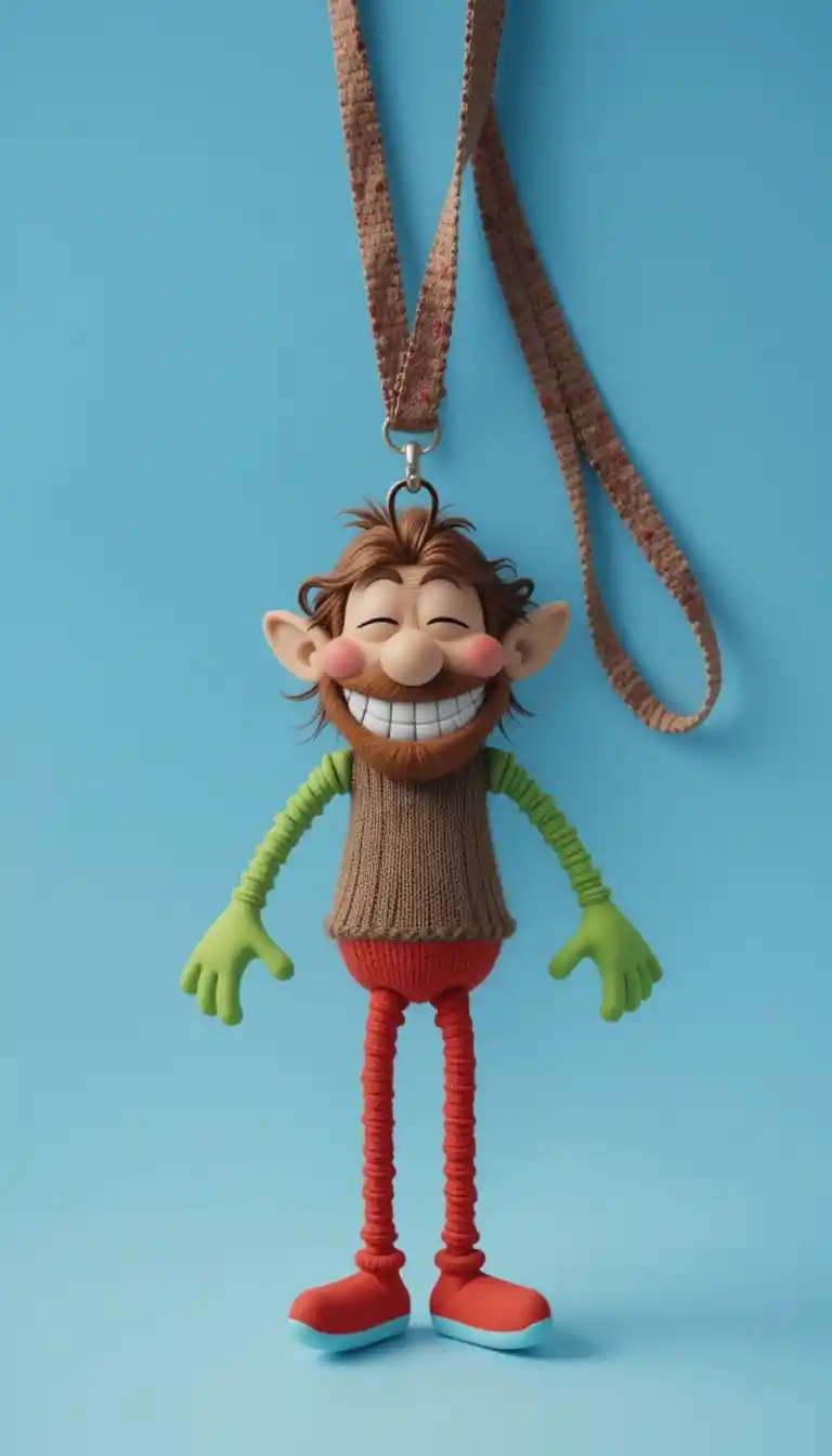 Cartoon lanyard character smiling on blue background