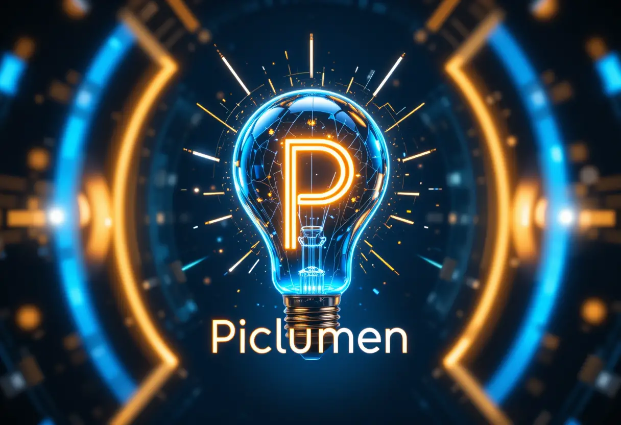 Futuristic glowing light bulb logo with digital pixels