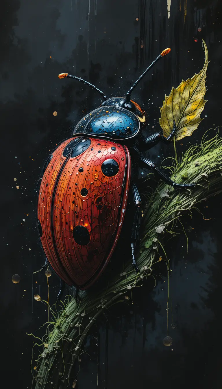 Surreal ladybug with grass body on dark abstract background