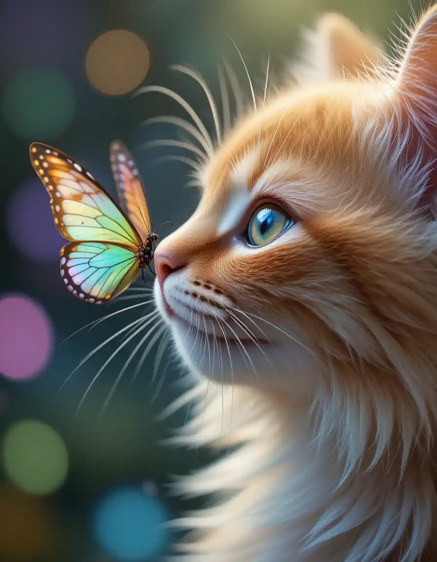 Cute cat touching a colorful butterfly in flight