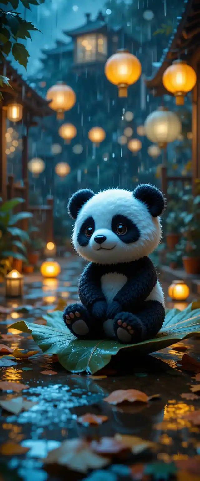 Cute plush panda resting on a leaf in a playroom