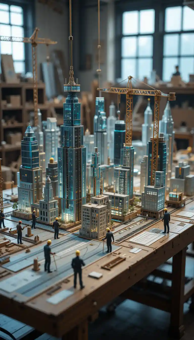 Tiny architects build a glowing miniature futuristic city