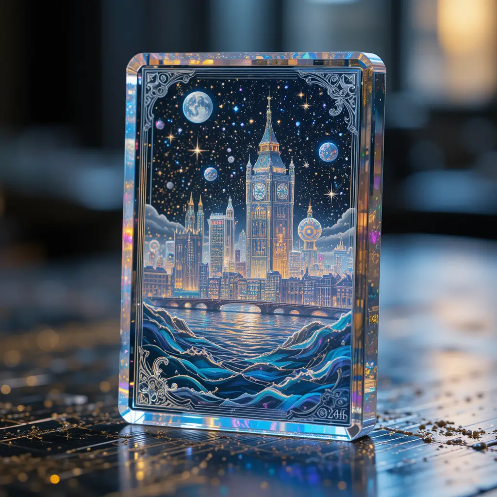 Crystal playing card with floating London above starry cosmos