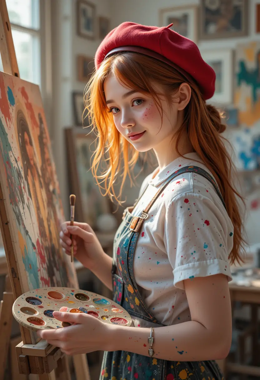 Red haired girl painting a self portrait in studio