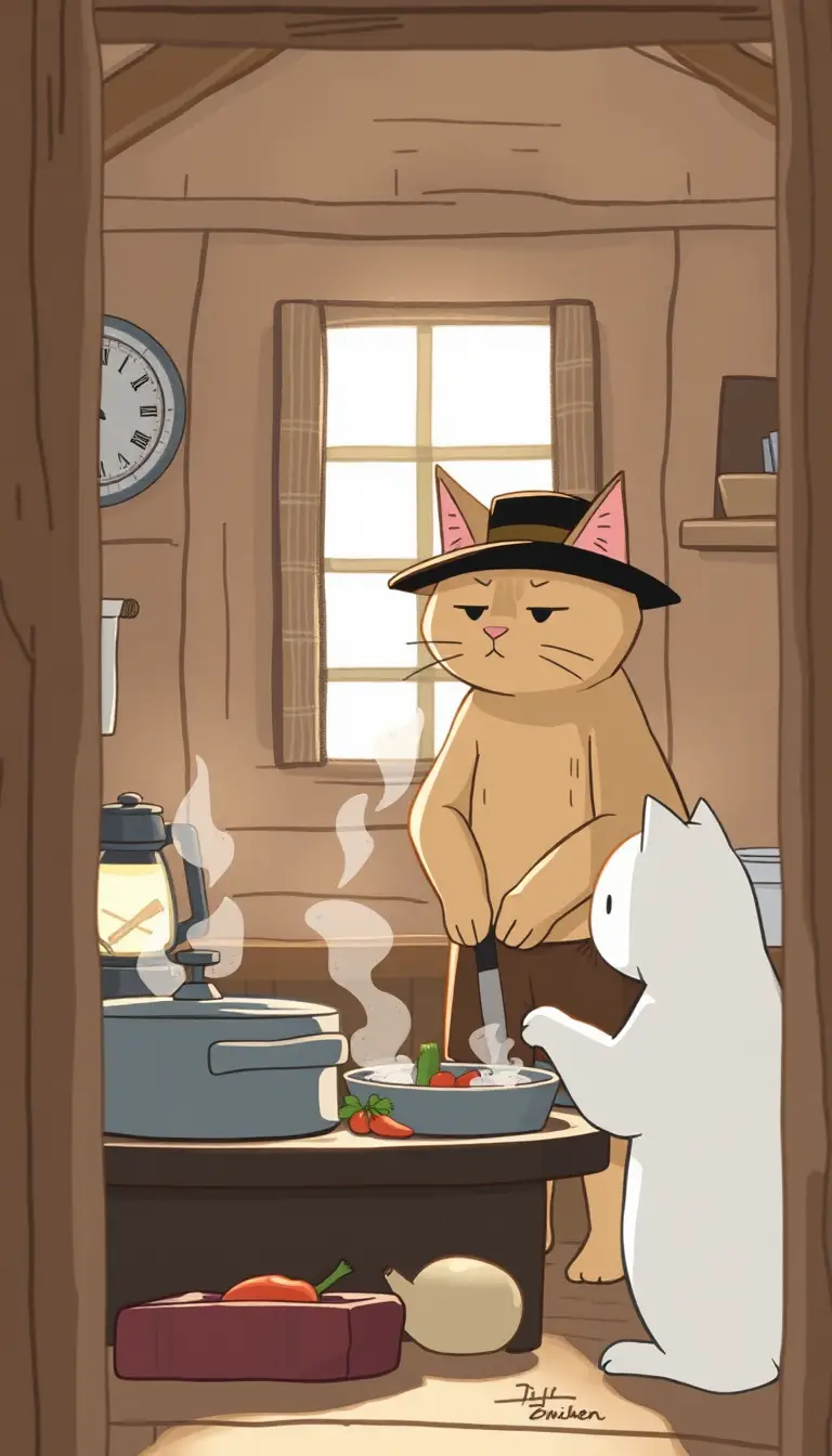 Two cats cooking together in a warm wooden kitchen