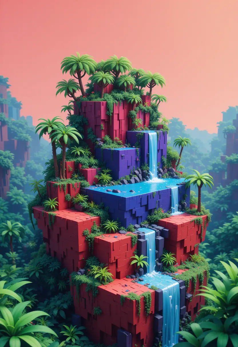 Voxel-Dschungelplattformen mit Palmen und Wasserfall