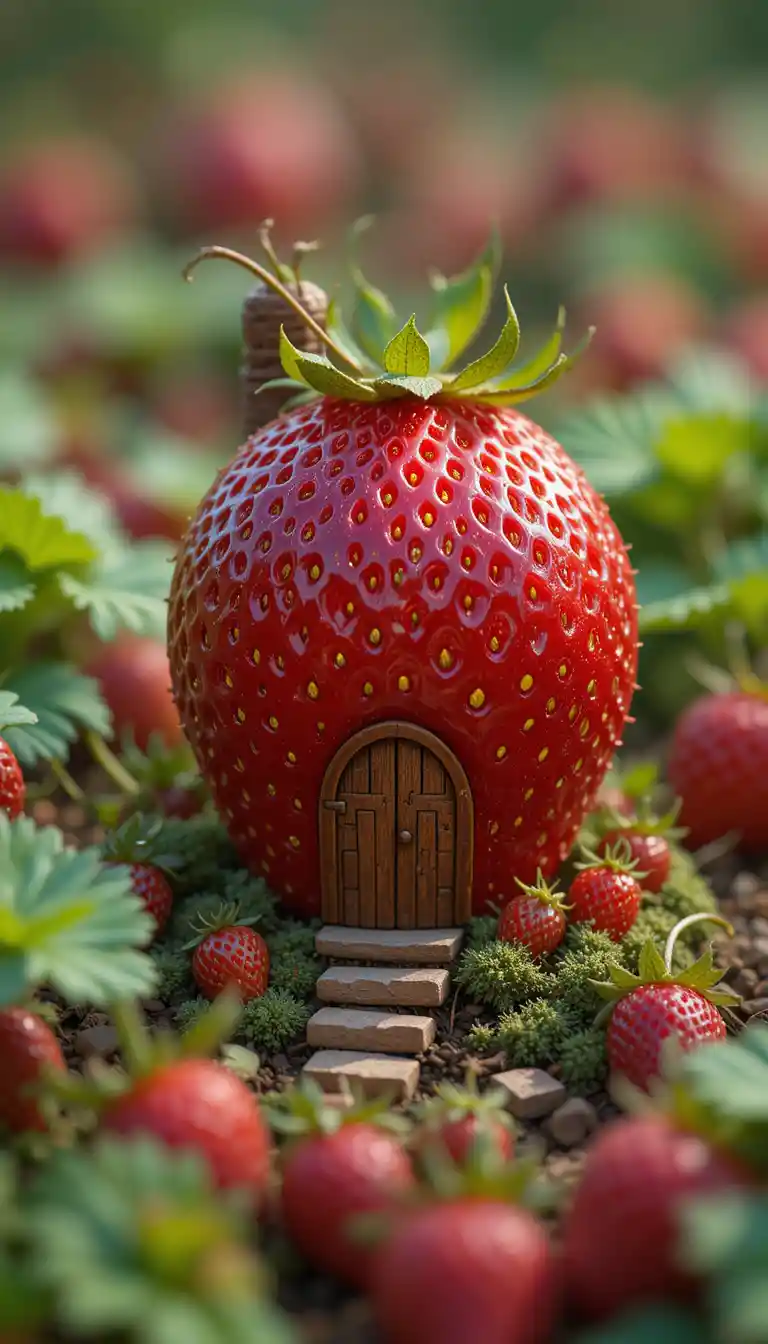 Miniature strawberry house in a tiny fantasy garden