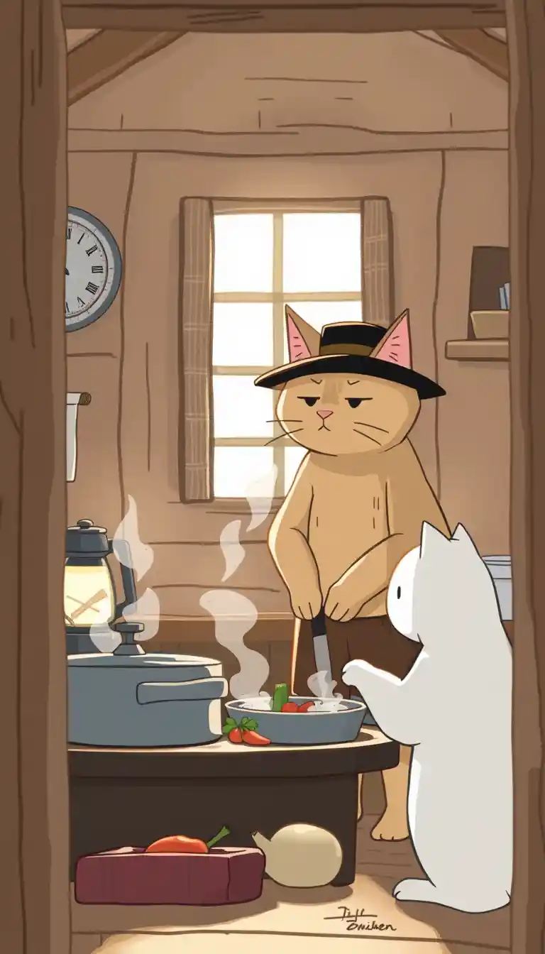 Two cats cooking together in a warm wooden kitchen