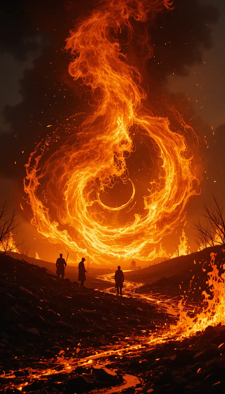 Apocalyptic wildfire with swirling flames and burning landscape