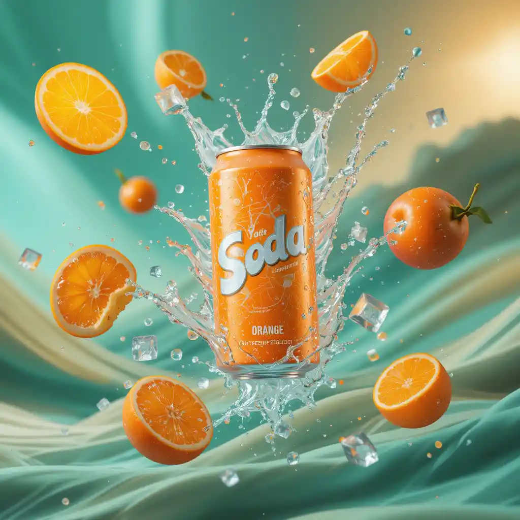 Orange soda can with splashing water and ice in motion