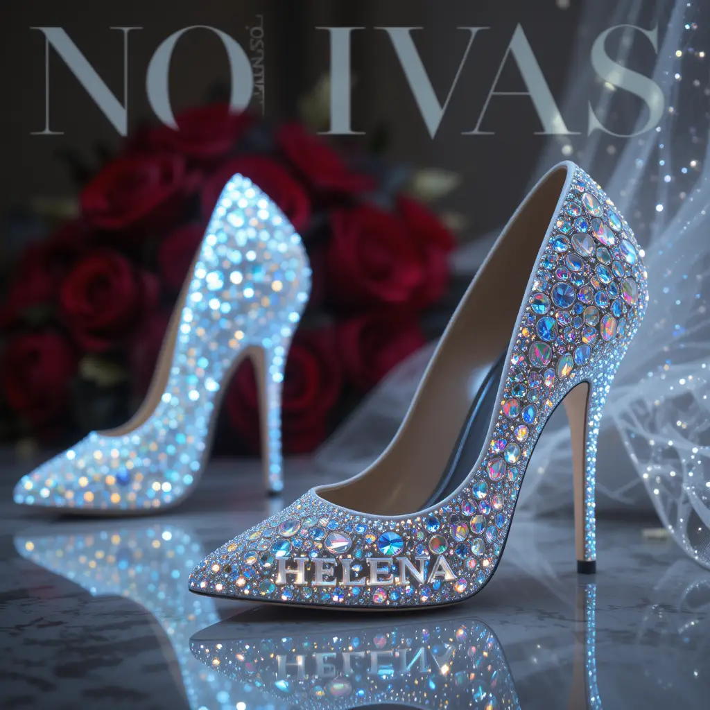Golden bridal shoes with diamonds on marble floor