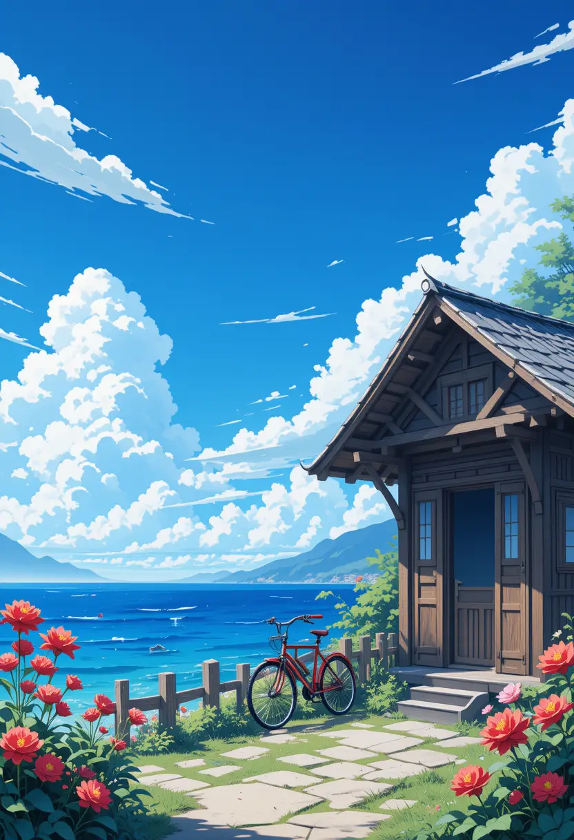 Fiery Red Flowers Framing A Seaside Cabin Entrance
