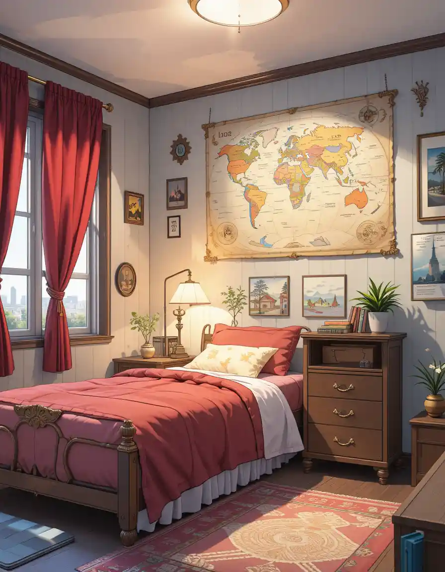 Anime teen bedroom with map wall art and warm lamp
