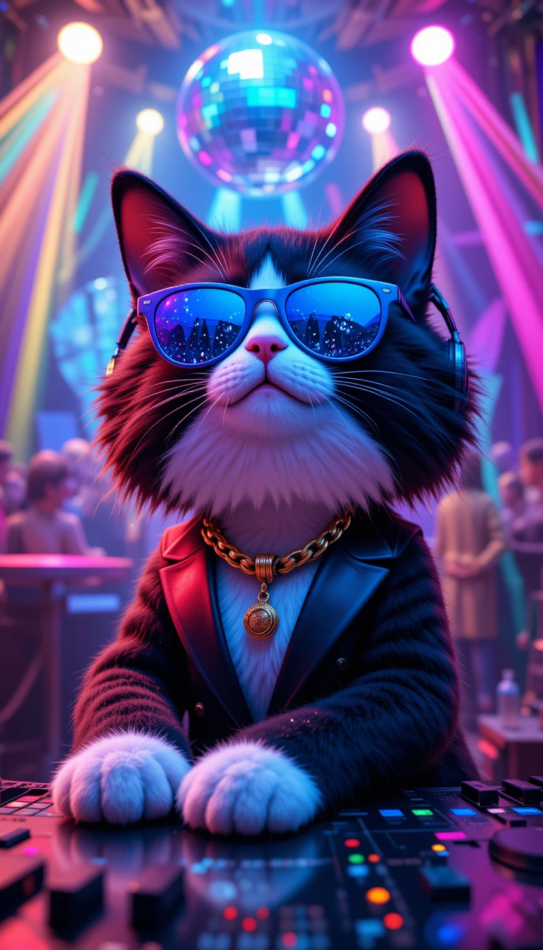 Cool tuxedo dj cat in neon disco club scene