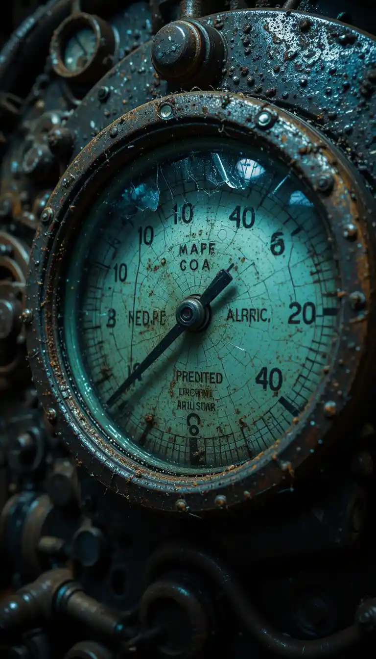 Damaged pressure gauge in an old submarine engine room